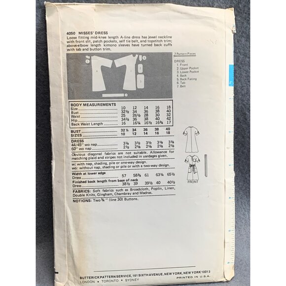 Vintage Butterick 4050 Sewing Pattern Misses Size 14 Kimono Sleeve Dress - uncut - Picture 2 of 2
